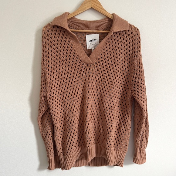 NWT Aerie Oversized Open Knit Polo Sweater in Tan Women’s Size Small 100% Cotton - Picture 2 of 5